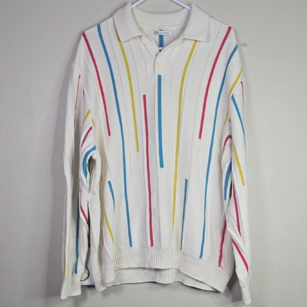 Zara Men's White  Knit Polo with Colorful Stripes Sweater With Lapel Collar XL.